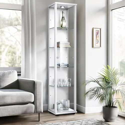 K-Möbel Glasvitrine in Weiss mit LED-Beleuchtung - Glasvitrine für vielseitige Verwendung, ideal zur stilvollen Präsentation von Sammlerstücken mit 4 höhenverstellbaren Glasböden und eleganter LED-Beleuchtung.