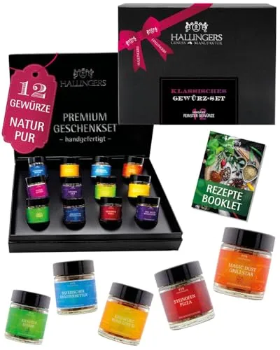 Hallingers Genuss Manufaktur Gewürze Geschenkset – 12 Premium Gewürze im Glas, edle Geschenkbox zum Kochen & Grillen, Gewürz-Set 
