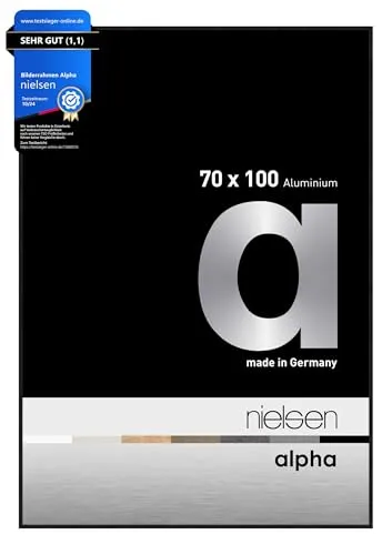 nielsen Bilderrahmen, 70 x 100 cm, Aluminium, Schwarz matt, Posterrahmen zum Aufhängen im Hoch- & Querformat, Echtglas, Alpha