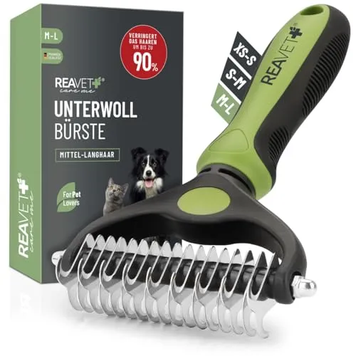 REAVET Unterwollbürste M-L für Hunde & Katzen - Sanfte Pflege für Fellwechsel - Tiergesundheit: Effektive Unterwollbürste für mittellanges bis langes Fell, entfernt lose Haare und Verfilzungen sanft und effektiv, ideal für den Fellwechsel.