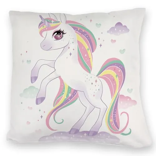 speecheese Einhorn Kuschelkissen mit Wolkenhintergrund EIN magisches DekoKuschelkissen für das Kinderzimmer Kindergeburtstag Zauber Magie Märchen Sprüche Glitzer Pferd Mädchen niedlich