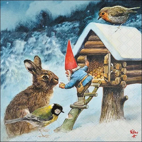 Servietten Gnome Feeding Animals Tiere Zwergenhütte Wichtel Deko 33x33cm 20