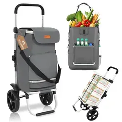 Sekey Premium Einkaufstrolley faltbar in Grau mit Spanngurt, Klappbarer Einkaufswagen inkl. Kühlfach & Getränkefach, 3-in-1 Trolley, Sackkarre & Umhängetasche, Ideal für Camping und Einkäufe