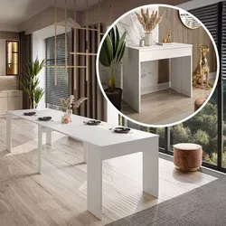 Tisch Konsole WHITE - 50 bis 302 cm, Ausklappbar in Weiß - Elegante Konsolentisch mit ausziehbarer Tischplatte, ideal für Feste und als praktischer Arbeitsplatz. Widerstandsfähige laminiertes Material und stilvolle Beine sorgen für Stabilität und Charme in jedem Raum.