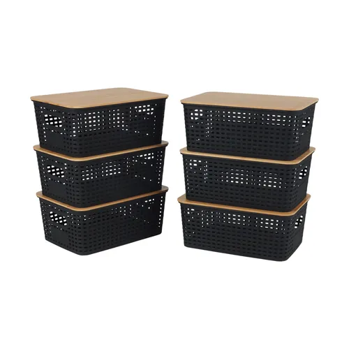 Relaxdays Aufbewahrungsbox 6er Set mit Deckel aus Kunststoff & Bambus - Praktisches 6er Set Aufbewahrungsboxen in Schwarz, ideal für die Organisation von Kosmetik und Spielzeug. Mit Deckel und seitlichen Griffen für einfachen Transport und Beschriftung. Maße: HBT 10,5x25,5x18 cm.