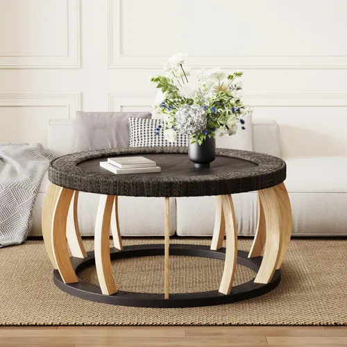 OKWISH Runder Vintage Couchtisch aus Rattan