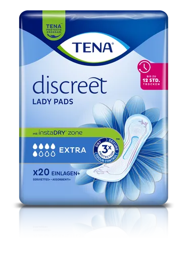 TENA Lady Discreet Extra Sparpaket (12 x 20 Stück) - Inkontinenzeinlagen für Frauen, ideal bei mittlerer Blasenschwäche. Saugfähiger Innenkern sorgt für ein trockenes Hautgefühl, perfekte Passform und angenehmen Tragekomfort.