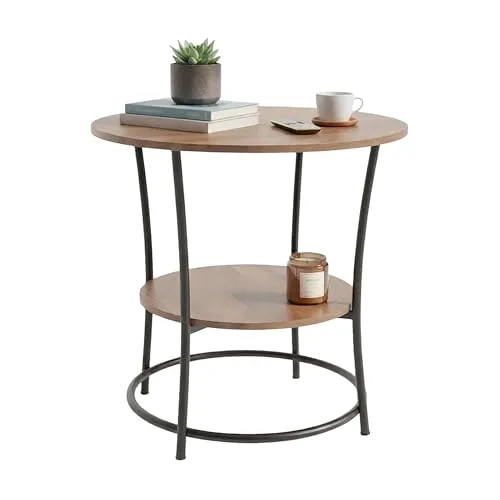 Relaxdays Beistelltisch, 2 Ablagen, HxD: 55 x 55 cm, Holzoptik & Metall, Sofatisch, runder Couchtisch, braun/schwarz