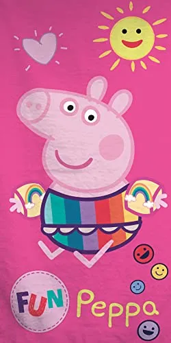 Peppa Wutz Pig Kinder Badetuch Beach Fun 60 x 120cm 100% Baumwolle Velours-Qualität Sunny Mama Papa Cartoon piggie George Suzy Strandtuch Strandlaken Handtuch Duschtuch Badelaken Saunatuch z. Poncho