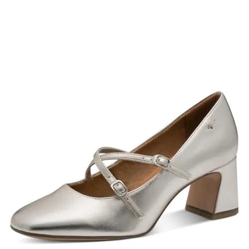 Tamaris 1-22412-46 957 Platinum Pumps in Silber, Größe 37 EU - Elegante Pumps aus hochwertigem Lederimitat, mit runder Schuhspitze und komfortablem Schnallenverschluss. Ideal für besondere Anlässe, dank der ANTI-SLIDE und ANTI-SHOKK Technologien für besseren Halt.