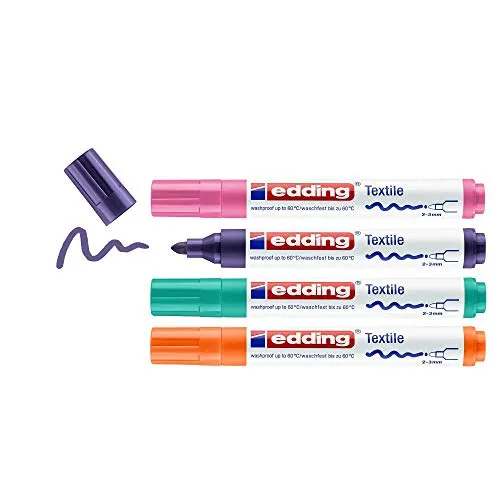 edding 4500 Textilmarker - orange, violett, pink, grün - 4 Stück - Rundspitze 2-3 mm - Textilstifte waschmaschinenfest (60 °C) zum Stoff bemalen - Stoffmalstift
