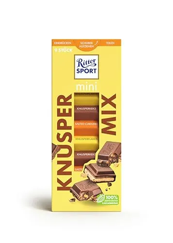 Ritter Sport mini Turm Knusper Mix, verschiedene Schokoladenvariationen mit knusprigen Zutaten, ideal zum Teilen und Genießen, geeignet für Muttertag und Vatertag, Geschenkidee, 1 Box, 150g