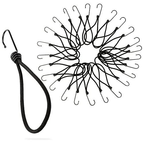 PRETEX Bungee-Seile mit Haken - Set mit 25 Stück x 23 cm Universal-Seilbändern und Befestigungen - Hochbelastbare Spanngummis, ideal für Camping Gepäck und Planen - Schwarzes Seil schwarzer Haken