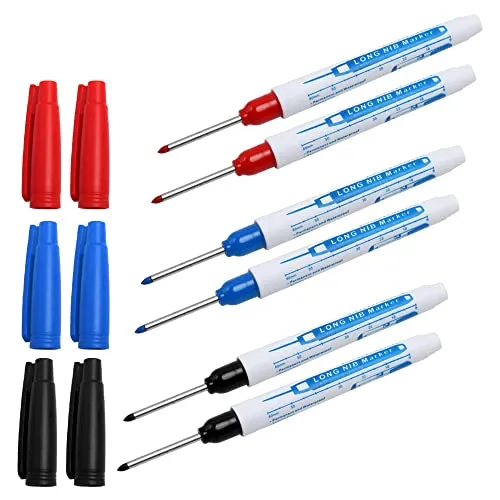 Pilikoll 6 Stück Bohrlochmarker Tieflochmarker Bleistift 30cm Langlochmarker Zimmermannsarbeiten Permanentmarker Nib Marker Deep Hole Pen für Badezimmer Holzbearbeitung(Schwarz Blau Rot)