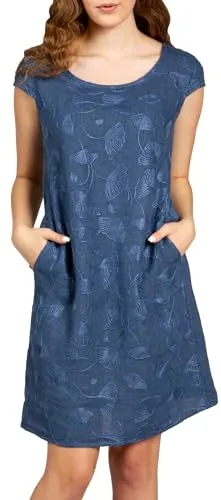 Caspar SKL031 Damen Sommer Leinenkleid - Freizeitkleid aus 100% Leinen mit Ginko Blatt Stickmuster, perfekt für heiße Sommertage und angenehm zu tragen. Hinweis: Leicht tailliert, daher eine Nummer größer bestellen für eine lockere Passform.