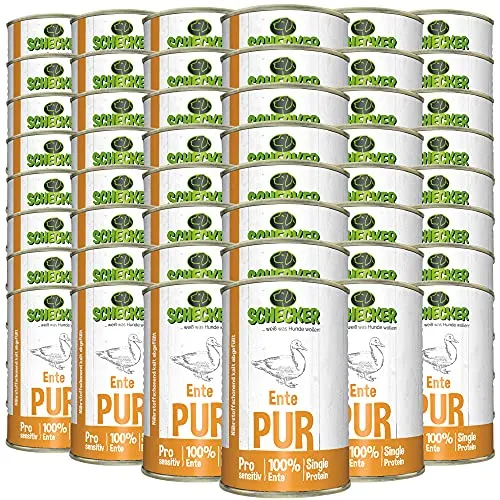 Schecker 100% Ente PUR - Nassfutter für Hunde - Getreidefreies Dosenfutter für Hunde, 48 x 410g, reich an hochwertigem Entenfleisch für eine gesunde Ernährung.
