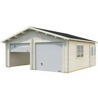 Holzgarage Roger 28,4 m² - Mit Sektionaltor - Carport für Fahrzeuge, aus unbehandelter nordischer Fichte, wind- und regendicht mit 2 Sektionaltoren und 1 Klappfenster. Ideal für individuelle Selbstmontage!