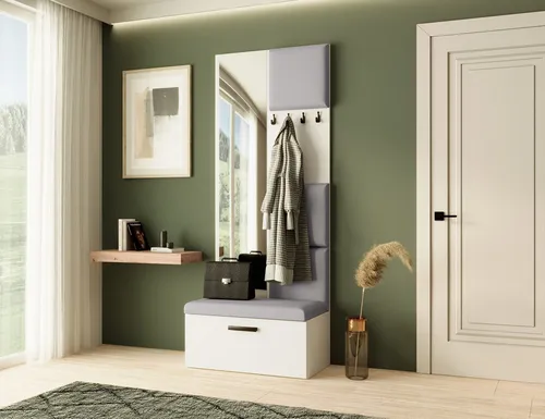 Garderobe MARGARET III in Weiß und Grau mit Spiegel und Kleiderhaken - Moderne Garderobe mit gepolsterten Paneelen, Schuhschrank und Spiegel. Ideal für kleine Flure, sorgt für Ordnung und bietet Komfort beim Anziehen.