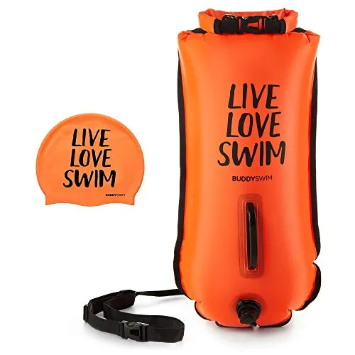 Buddyswim Set Freiwasser Schwimmboje 28 Liter und Badekappe. Sicherheitsschwimmboje für das Schwimmen im offenen Wasser Schwimmhilfe mit wasserdichtem Beutel und Silikonkappe. Orange