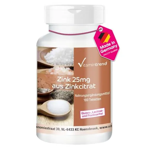 Zink 25mg - 180 hochdosierte Tabletten - Zinkcitrat ! 6-MONATS-VORRAT ! Vegan | Vitamintrend®