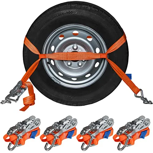 Radspanngurte 4er Set - 2,9 m Ratschengurte für sicheren Autotransport - Spanngurte DIN EN 12195-2, 2000 daN Zurrkraft, ideal für PKW-Radsicherung und zuverlässige Ladungssicherung auf Anhängern.