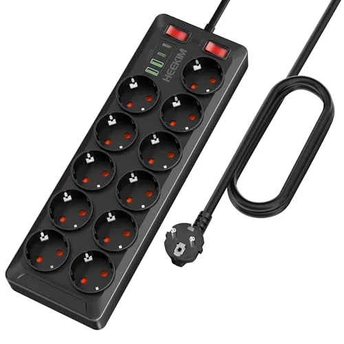 Steckdosenleiste mit USB, 11 Fach Mehrfachsteckdose mit Schalter - Steckdosen & Zubehör: 11 Steckdosen, 4 USB-Ports (2x USB-A, 2x USB-C) mit intelligentem Schnellladen, Überlastschutz und 2m Verlängerungskabel für mehr Flexibilität und Sicherheit.
