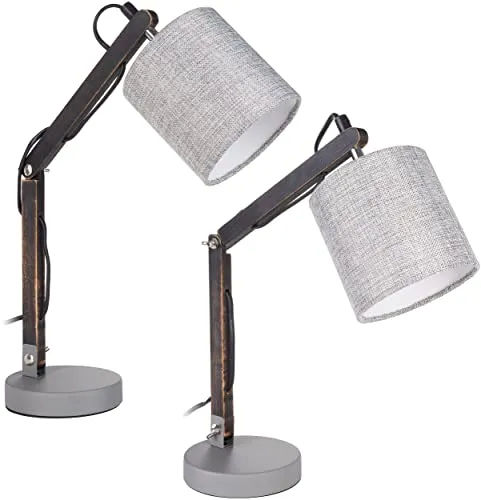 BRUBAKER 2er Set verstellbare Leselampen - Holzarm Schwarz & Textilschirm Grau - Tischlampen für gemütliches Leselicht oder stimmungsvolle Beleuchtung. Höhenverstellbar bis 52 cm, ideal für jede Wohnlandschaft. E14 Fassung für individuelle Lichtgestaltung.