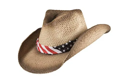 Scippis EL Paso Strohhut - Braun, L/XL - Sonnenhut für Damen, ideal für Linedance oder BBQ, individuell formbare Krempe für perfekten Sitz und einzigartigen Westernlook mit Stars&Stripes Hutband.