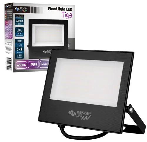 MasterLED Flutlicht SMD Tiga 50W 4500K Neutralweiß – 4000lm, IP65, Schwarz, 230V – Aluminium für Außenbereich & Industrie