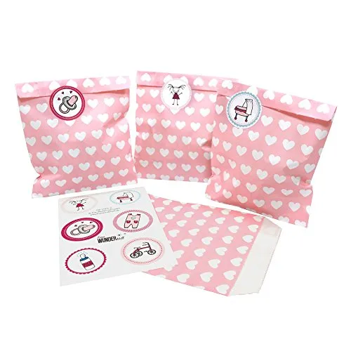Frau WunderVoll® 48-teiliges Baby Shower Mädchen Set 6, 24 Papiertüten (13 x 16,5 cm) + 24 Aufkleber (Ø 4 cm) / Geburtsparty Mädchen, Geschenk,Candybag Baby-Shower, Candy-bar, Gastgeschenk, Babyparty
