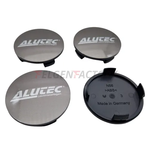 4X Alutec Nabendeckel 61mm Metal Grey (N56) Logo Silber (ALJ) - Original Felg...
