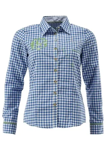 OS Trachten Damen Bluse Langarm Trachtenbluse mit Liegekragen Sonitu, Größe:44, Farbe:Mittelblau