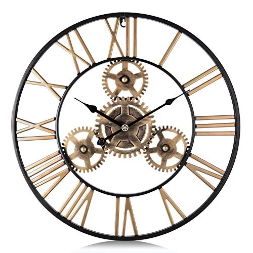 Lafocuse Industriell Gold Zahnrad Wanduhr Groß 57cm, Steampunk Lautlos Metall Quarzuhr mit 3D Romische Zahlen Vintage für Bar Wohnzimmer Schlafzimmer