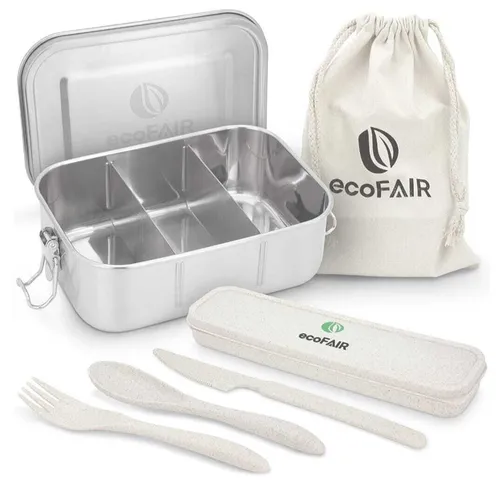 Edelstahl Brotdose ecoFair 800ml Lunchbox mit 3 Fächern und Besteck Set