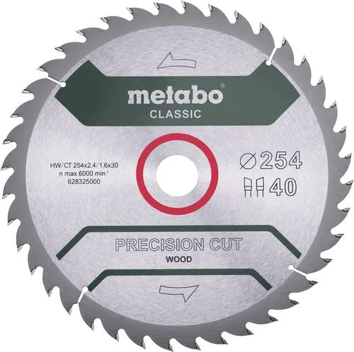 Metabo Kreissägeblatt Precision Cut Wood Classic, 254 x 30mm, 40 Zähne - Zubehör für Elektrowerkzeug, ideal für präzise Längs- und Querschnitte in verschiedenen Holzarten mit 40 Zähnen für saubere Schnitte.