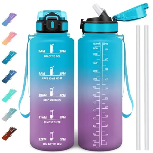 Motswedi Trinkflasche 1500 ml, Auslaufsicher, Wasserflasche BPA-Frei, Motivierende mit Zeitmarkierung, Trinkflasche mit Strohhalm Himmelblau & Lila