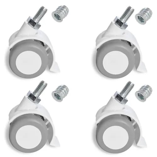 Sämann 4er Set Möbelrolle weiß Gummirolle Lenkrolle Laufrolle Hartbodenrolle Drehstuhl mit Gewindeschraube M8 und Gewindehülse M8 x 15 mm