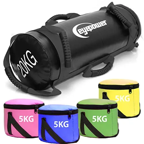 EYEPOWER 20kg Power Bag mit 4 Kettlebell Gewichten - Heimtrainingssysteme mit 20kg Power Bag und 4 Kettlebell Gewichten. Ideal für ganzkörperliches Training, vielseitig einsetzbar und mit 6 rutschfesten Griffen für optimalen Halt.