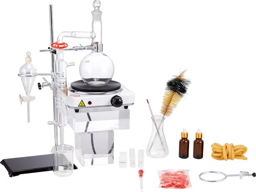 SucceBuy-Destillationsset für ätherische Öle, 500-ml-Gerät, 3,3-Boro-Glaswaren mit 1000-W-Heizplatte, 24/40-Verbindung, 33-teiliges Laborset