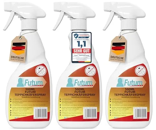 FUTUM Teppichkäfer-Mittel 3x500ml – Effektiver Schutz gegen Teppichkäfer - Pflegemittel & Schädlingsbekämpfung – Biozidfreies Mittel mit mechanischer Wirkung für zuverlässigen Schutz Ihrer Textilien und Möbel, ideal für den Einsatz im ganzen Haus.