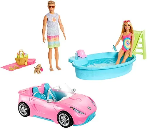 Barbie GJB71 - Geschenkset mit Cabrio, Pool mit Rutsche, Puppe und Ken-Puppe in Badebekleidung, mit Moden und Zubehör, Geschenk für Kinder von 3 bis 7 Jahren