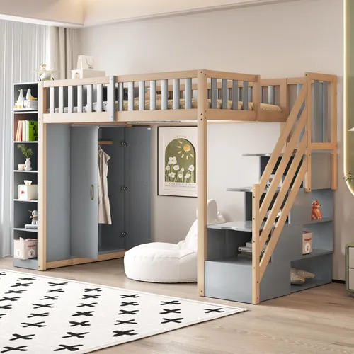Odikalo Kinderhochbett 90x200 mit Stauraum