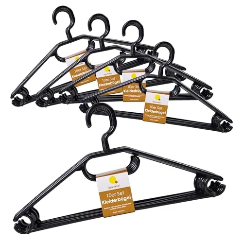 Kleiderbügel 50er Pack aus 100% recyceltem Kunststoff in schwarz - extra schwere Qualität (45g pro Bügel) Made in EU - mit Anti-Rutsch-Rillen und Krawatten- BZW. Gürtelhalter