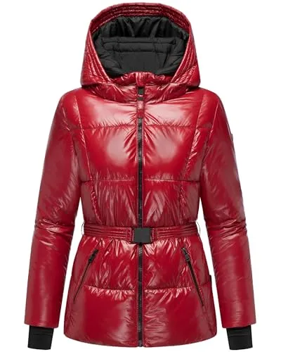 Navahoo Damen Winterjacke glänzende warme Steppjacke mit Taillengürtel Eisglanz 14 Dark Red Gr. XL