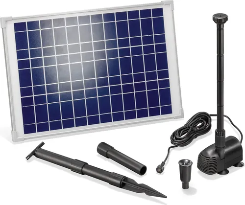 esotec Solar Pumpensystem WATERSPLASH 20/1350 - Teichpumpe mit Solarmodul - Wasserpumpen für Gartenteiche, inklusive 2 Fontänen-Aufsätzen und einstellbarem Wasserdurchfluss. Ideal für nachhaltige Wasserspiele mit direktem Sonnenbetrieb.