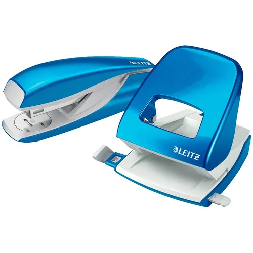 LEITZ Locher und Heftgeräte Set WOW 5095 - Blau-Metallic, hochwertig und ergonomisch für müheloses Lochen und Heften bis 30 Blatt