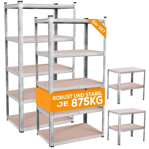 TroniTechnik 6er Set Metall Lagerregal – 875 kg Traglast - Das TroniTechnik 6er Set Metall Lagerregal bietet mit 5 höhenverstellbaren MDF-Böden und einer Tragfähigkeit von bis zu 875 kg optimale Stauraumlösungen für Werkstätten und Garagen. Einfaches Stecksystem für schnelle Montage!