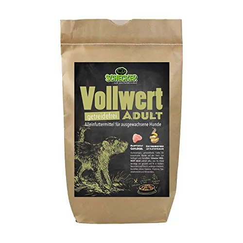 Schecker VOLLWERT Adult Trockenfutter für empfindliche Hunde - 6 kg - Getreidefreies Hundefutter mit hochwertigem Geflügel, reich an Nährstoffen und Omega-Ölen für gesunde Gelenke und glänzendes Fell.