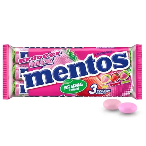 Mentos Kaubonbons Erdbeere-Mix, Frucht-Bonbons mit süßem und saurem Erdbeergeschmack, Süßigkeiten (3 Rollen), vegan