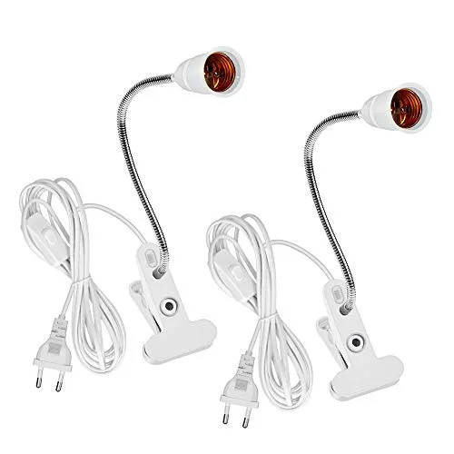 E27 Klemmlampe mit Clip, 2 Stück Klemmleuchte E27 Lampenfassung Schwanenhals Lampe mit 220 cm Kabel und Schalter, für Schreibtischlampe, Tischlampe, Bettlampe, Pflanzenlampe, Leselampe, Buchlampe